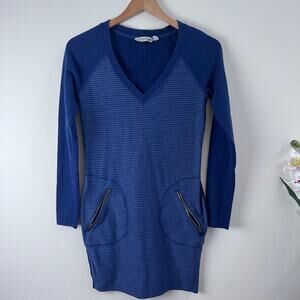 Athleta Blue Striped V-Neck Long Sleeve Sweater Dress Shirt Women's Size XXS